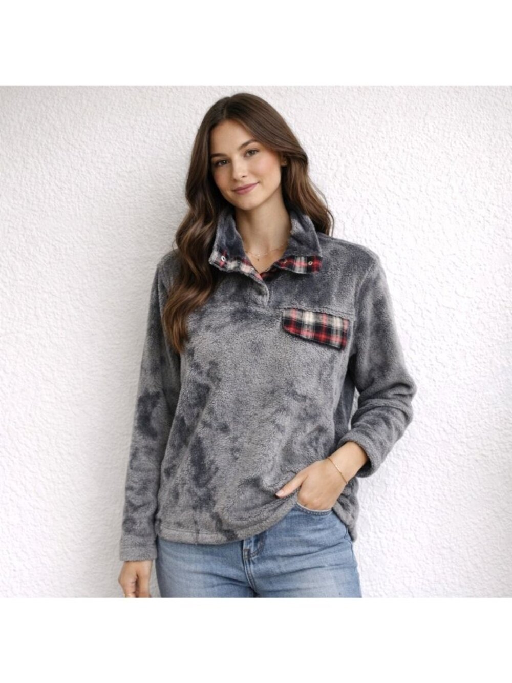 Pullover Womens M Kori America Gray Plush Soft Sweater Top Shirt Pockets Sweater